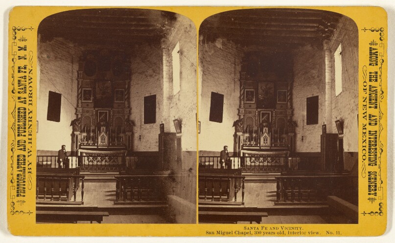 Sante Fe and Vicinity. San Miguel Chapel, 300 years old, interior view.