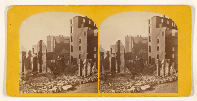 [General view from Old South Block. Milk St. Site of birthplace of Benjamin Franklin, Boston, Summer Street Fire, Nov., 1872]