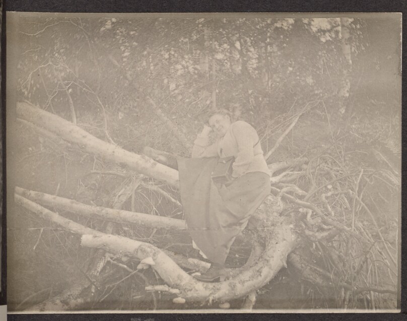 [Woman sitting on a fallen tree trunk]