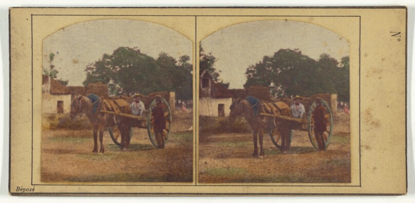 [Man in horse-drawn cart, another man near one of the wheels]