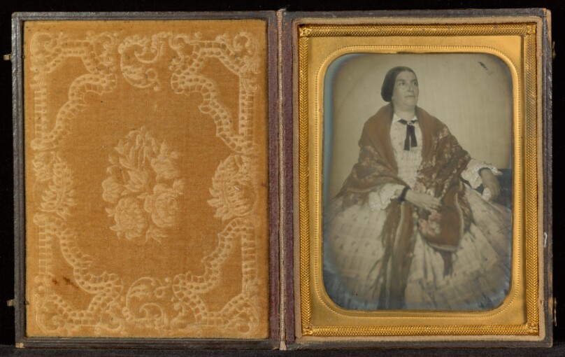 [Portrait of a Seated Woman in a White Dress and Red Shawl]