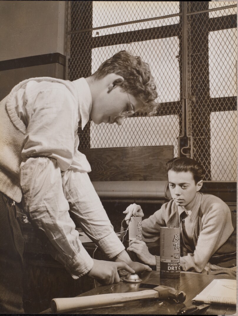 [Two boys make a two-way electric bell]