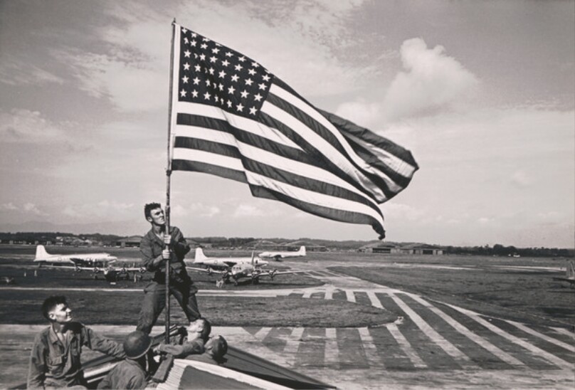 American Flag raised over Atsugi Air Base - U.S. planes land with the first of Occupational Forces