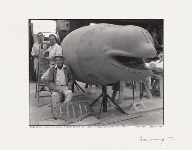 Chris Mueller, Gunnar Ferdinandsen and Werner Binczek with Clay Killer Whale Mock-Up for Film, "Jaws 2," Staff Department
