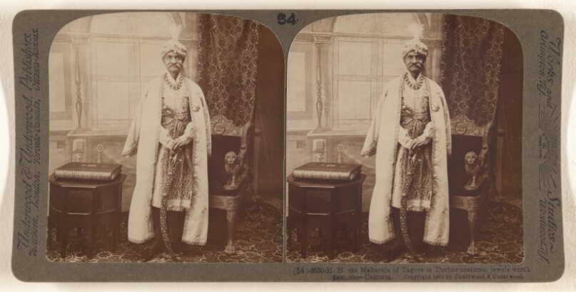 H.H. the Maharaja of Tagore in Durbar costume, jeweles worth $200,000 - Calcutta.