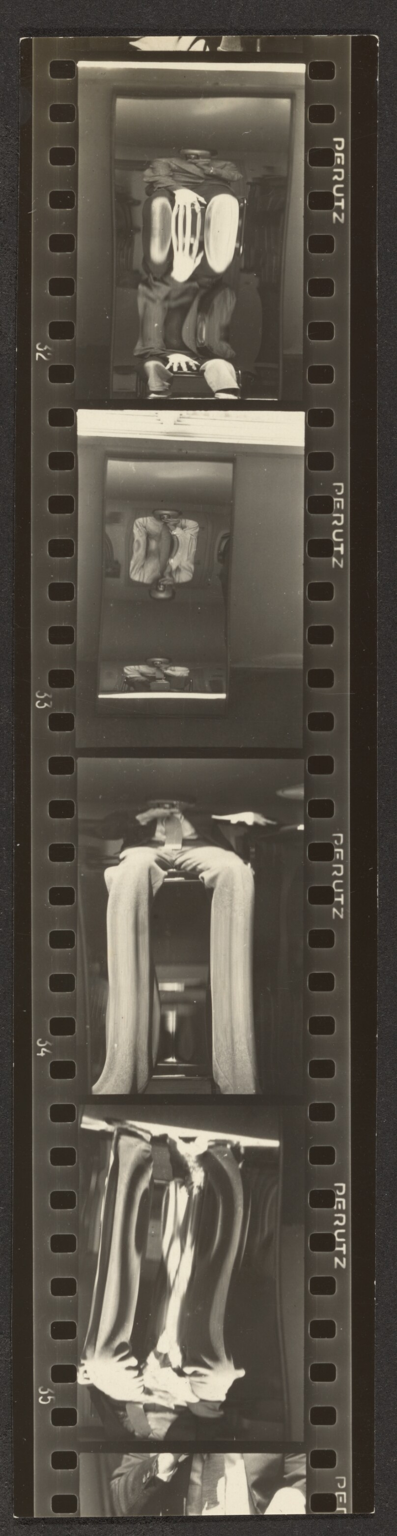 [Contact print-strip from four 37mm negatives: self-portraits in distortion mirror]
