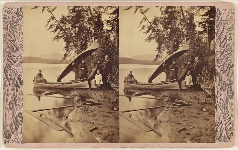 [Family outing on a lake with canoes, Adirondacks]