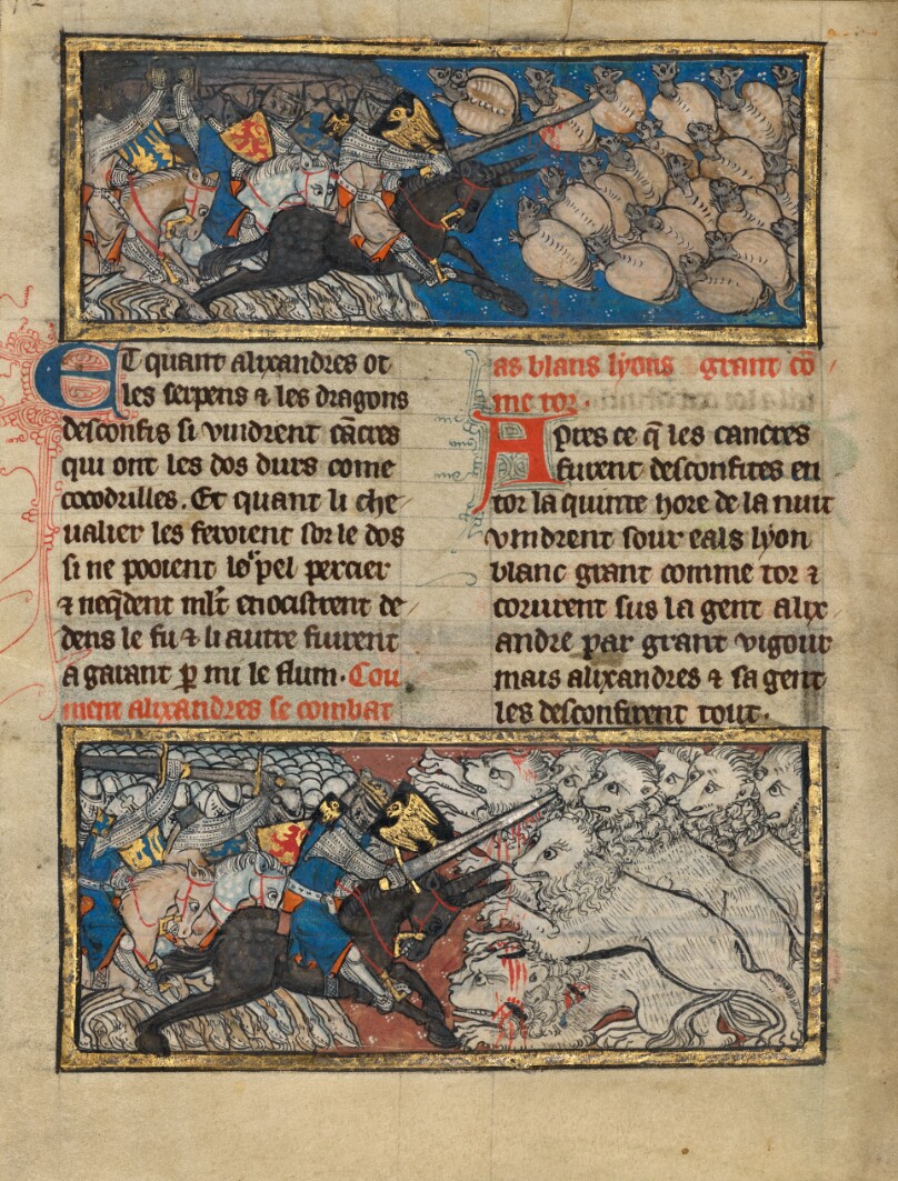 Alexander and His Army Fighting Giant Crabs; Alexander and His Army Fighting White Lions