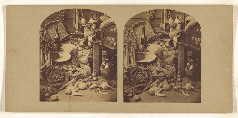 [Still Life with hanging ducks, fruits, baskets, wine bottle, jug and barrel with initials "T.R.W"]