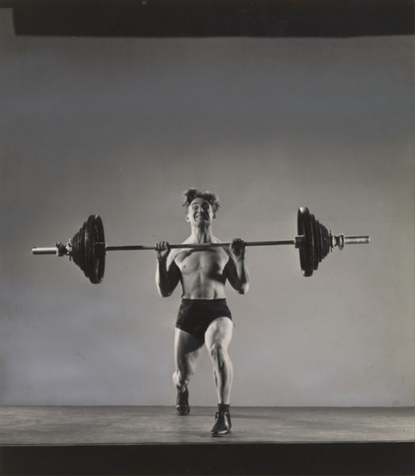 [Weight lifter Johnny Terpak Demonstrating Standard Lift, The "Two-hand Clean and Jerk," New York]