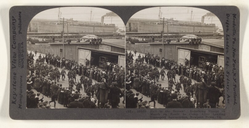 Hail to the Heroes. Returning Troops on March en Route to Camp After Leaving Transport Agamemnon, Newport News, Va.