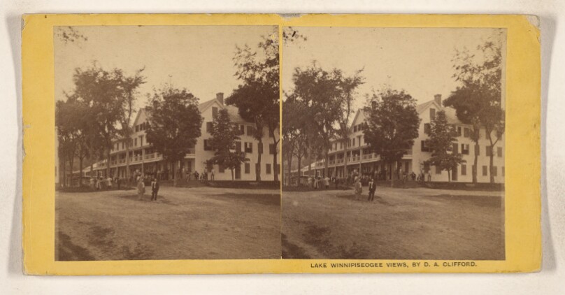 [Town scene with people at or near Lake Winnipiseogee]