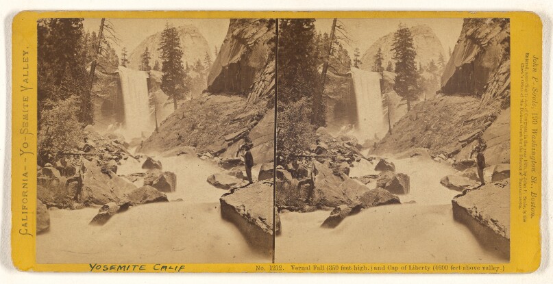 Vernal Fall, (350 feet high,) and Cap of Liberty (4600 feet above valley.)