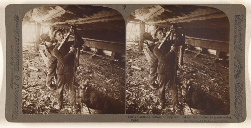 Caulking bottom of ship with oakum and cotton to make water tight.