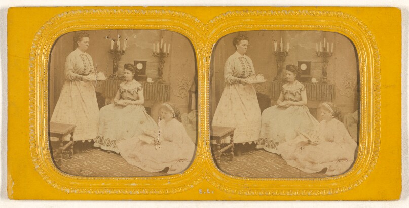 [Parlor scene: one woman holding a tray with tea service, two women seated]
