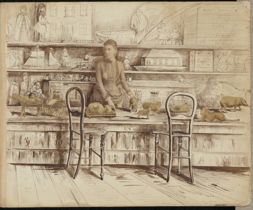 [Woman at a toy counter]