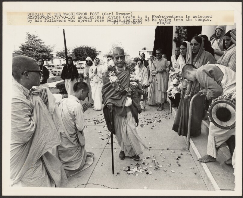 His Divine Grace A.C. Bhaktivedanta arriving at the temple, Los Angeles