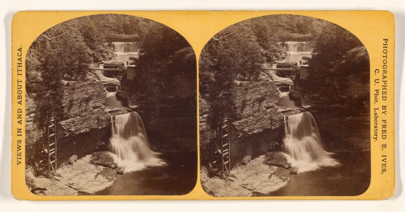 Triphammer Falls from top of bluff, showing foot-bridge and winding stairs. [Ithaca Gorge, N.Y.]