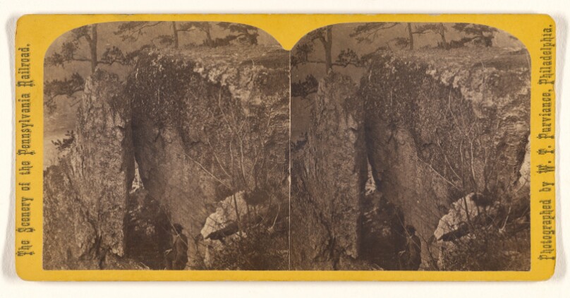 [Cliffs with ravine, man at bottom, scene of Pennsylvania Railroad region]