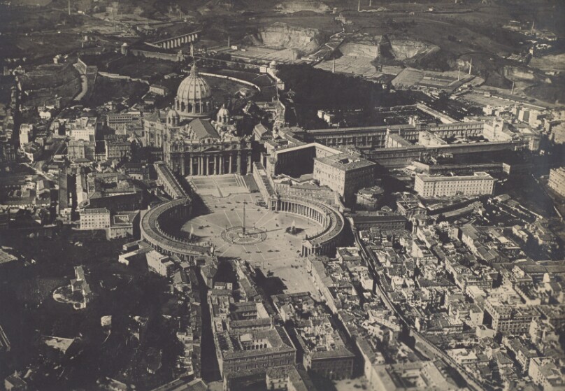 [Aerial shot of St. Peter's Basilica, the Vatican, Rome]