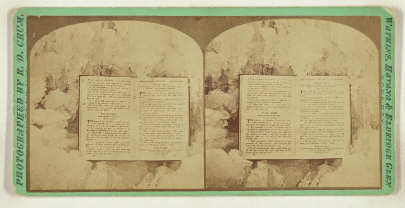 [Bible wedged in ice crystals opened to the 23rd Psalm]