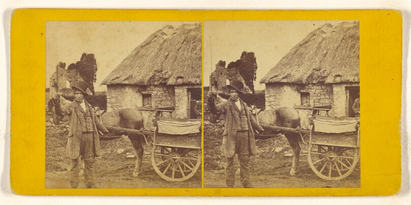 [Unidentified man wearing a hat which is cockeyed on his head standing near a horse and wagon, holding a thin whip in his hand.