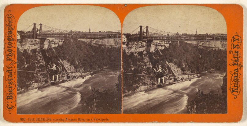 Prof. Jenkins crossing Niagara River on a Velocipede.