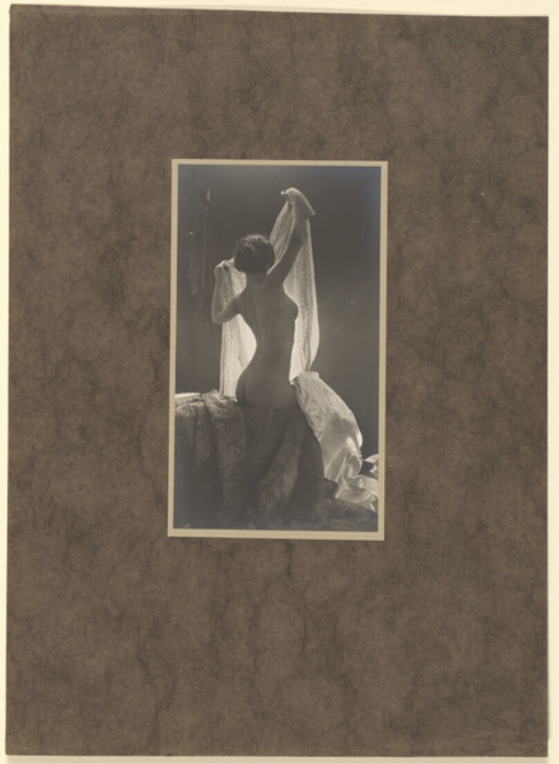 [Female nude holding up cloth]