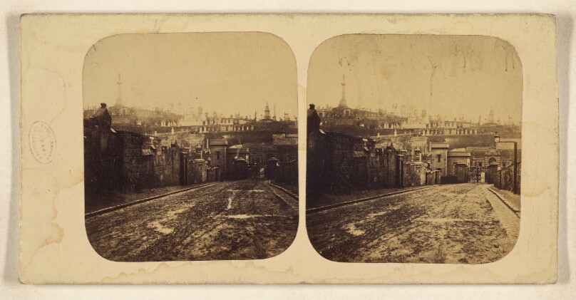 View of the Necropolis, Glasgow, from a point near the Barony Church, - Monuments to John Knox, Dr Black, Dr Dick...W. Dunn...