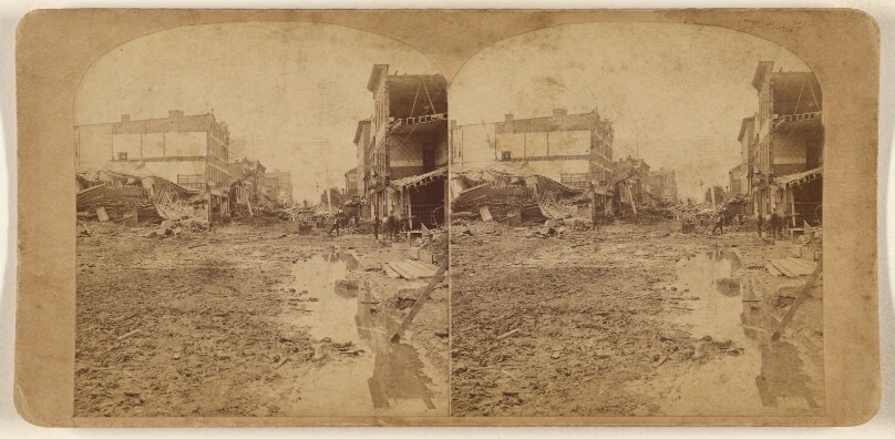 The Great Johnstown Flood, May 31, 1889. Looking down Main street from the corner of Clifton, showing...some stores...in city...