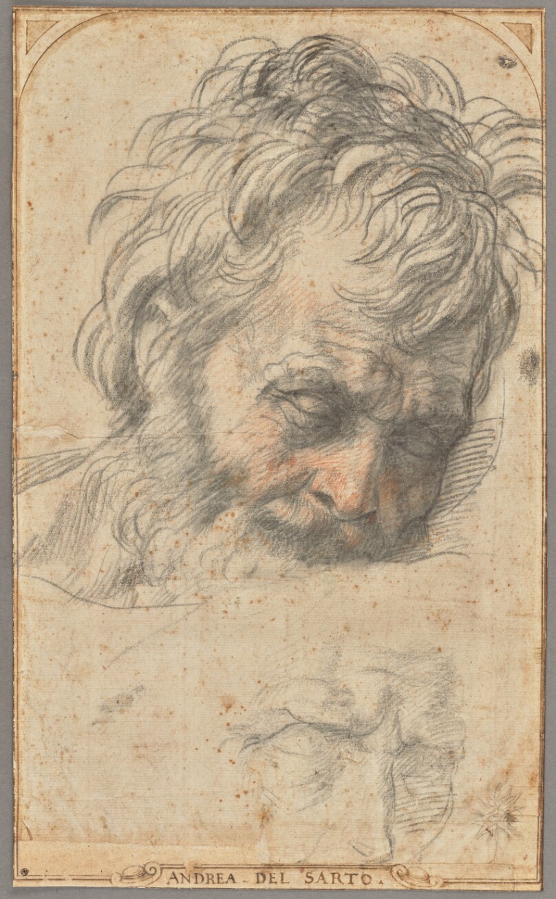 Study for the Head of Saint Joseph (recto); Two Studies of Legs (verso)