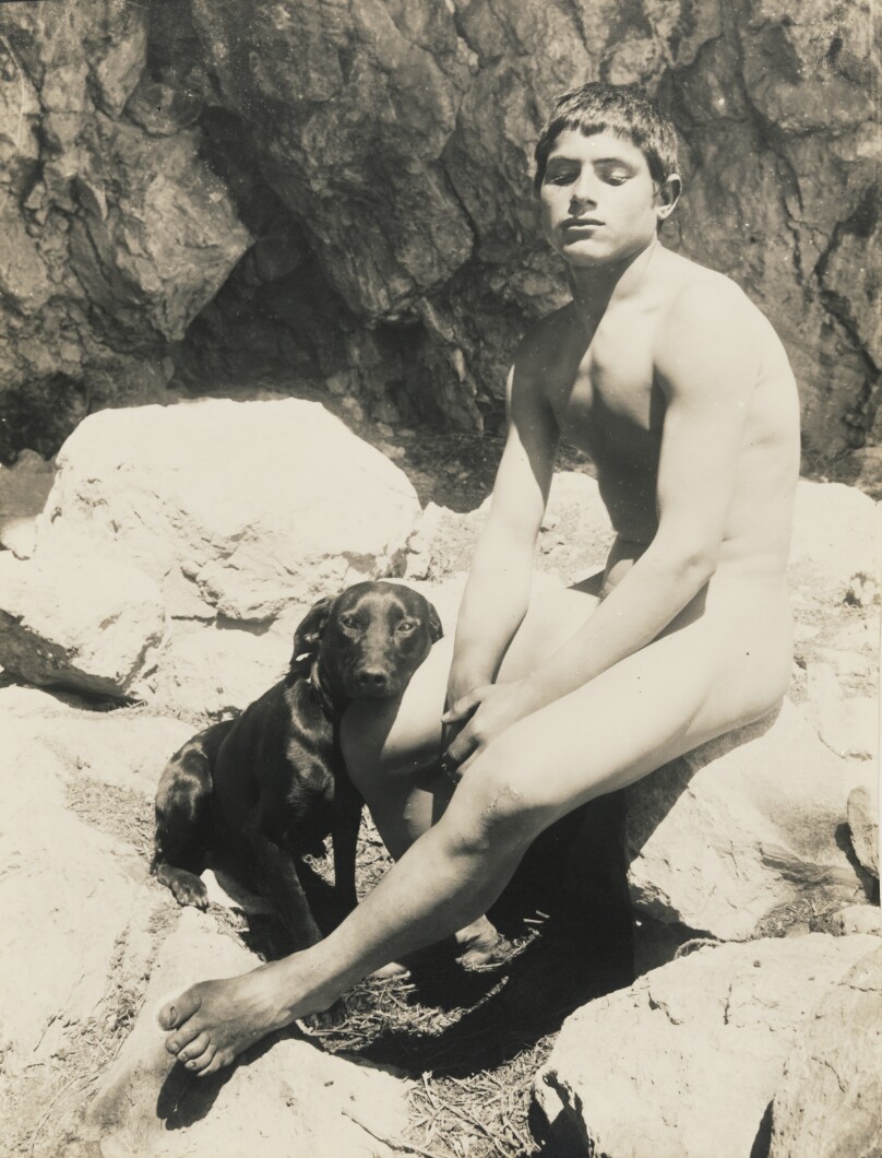 [Nude boy and dog]