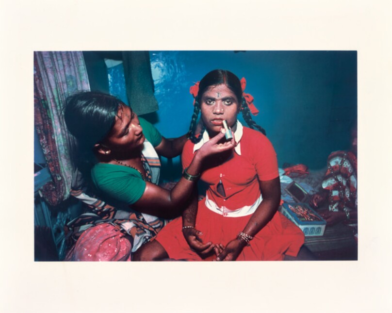 Pockmarked girl being made up, Falkland Road, Bombay, India