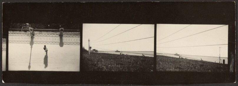[Contact strip-print from three negatives: woman on a bridge from above (1) and electrical lines at edge of water (2 & 3)]
