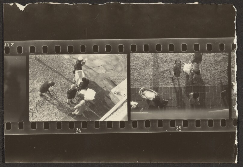 [Contact print-strip from two 37mm negatives: children seen from above]
