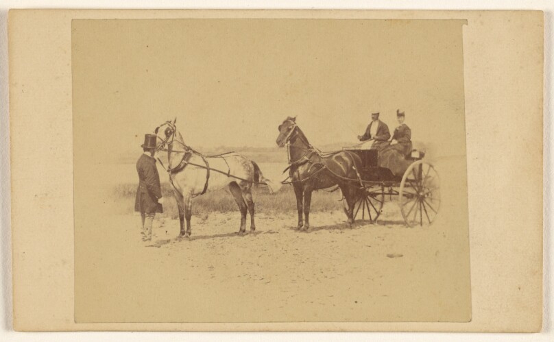 [Unidentified couple in double-horse-drawn carriage, with an unidentified man wearing a top hat holding the front horse]