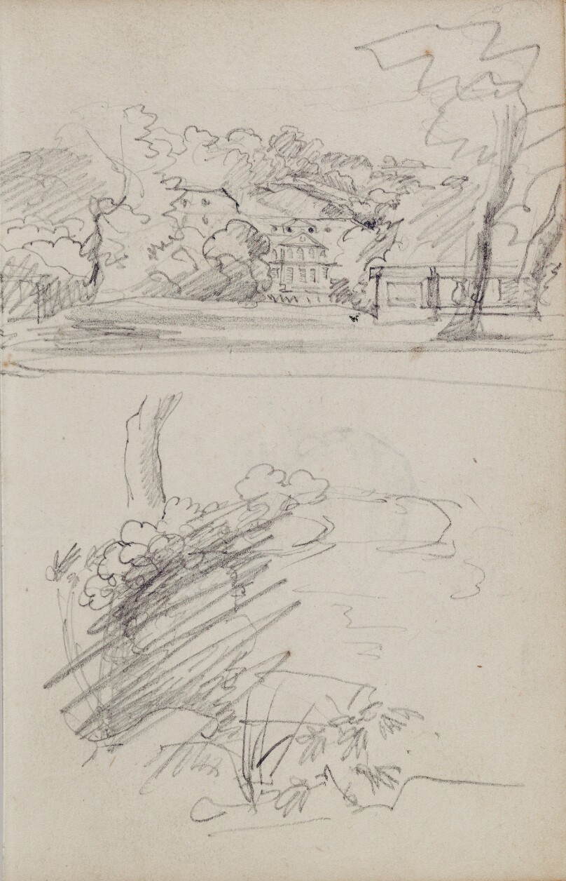 View of a Country House and Studies of Bushes and Foliage (95.GD.40.22)
