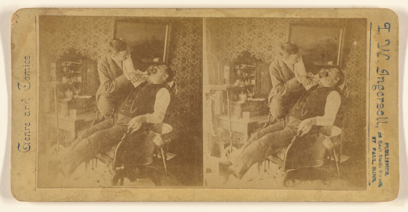 [Comic scene of a man extracting a patient's tooth]