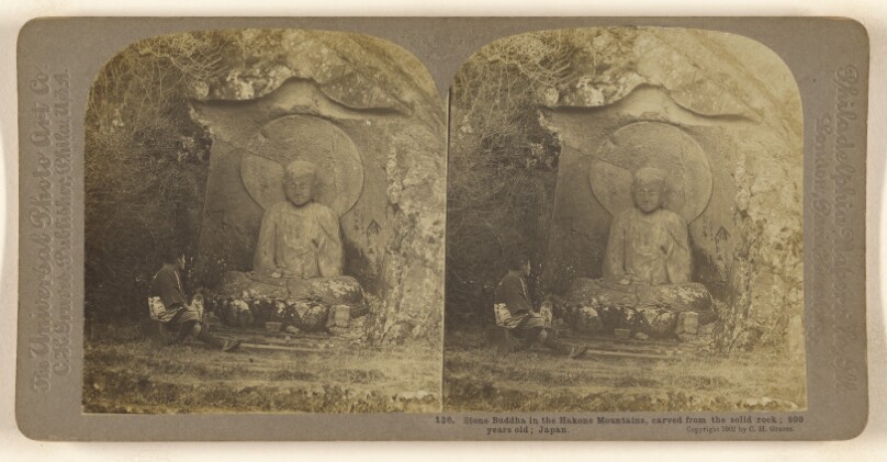 Stone Buddha in the Hakone Mountains, carved from the solid rock; 800 years old; Japan.