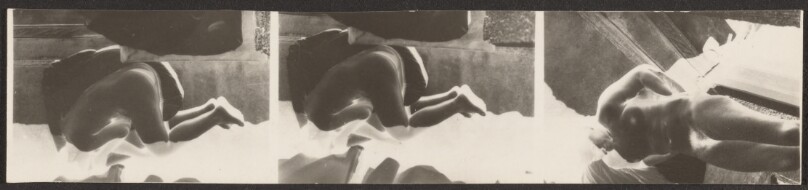 [Contact print-strip from three Leica film positives: nude woman in negative]