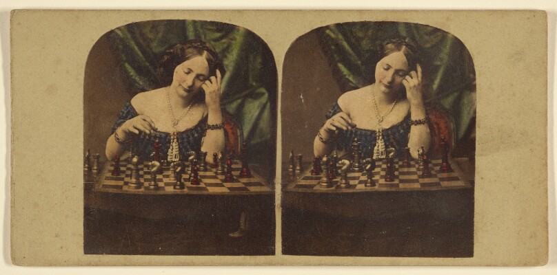 [Woman playing chess by herself]