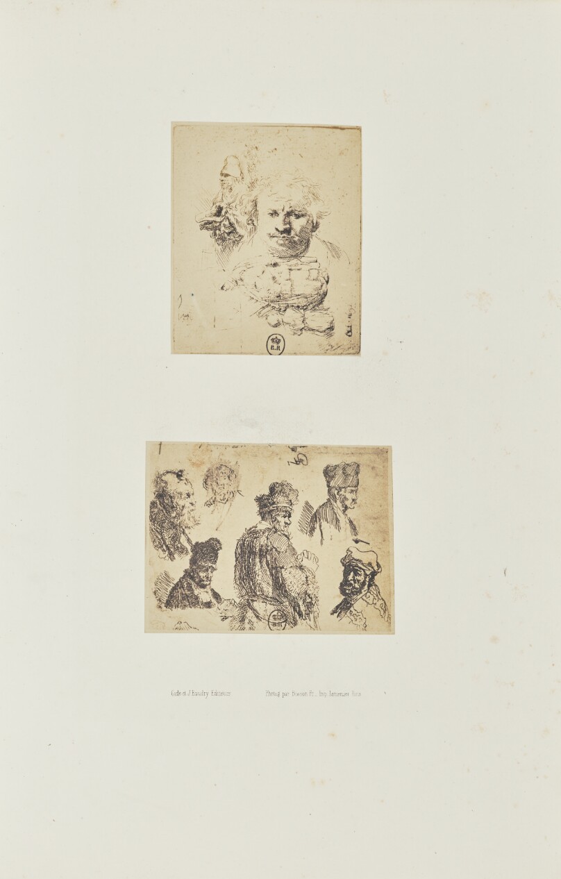 [Two etchings by Rembrandt: "Sheet of Studies with the Head of the Artist, a Beggar Man, Woman and Child" and "Sheet of Studies with Male Heads and a Half Figure"]