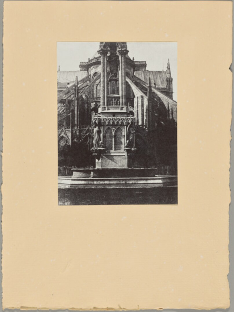 La Fontaine du square de l'Archevêché; derrière, Notre-Dame. Signé H.B. 1847