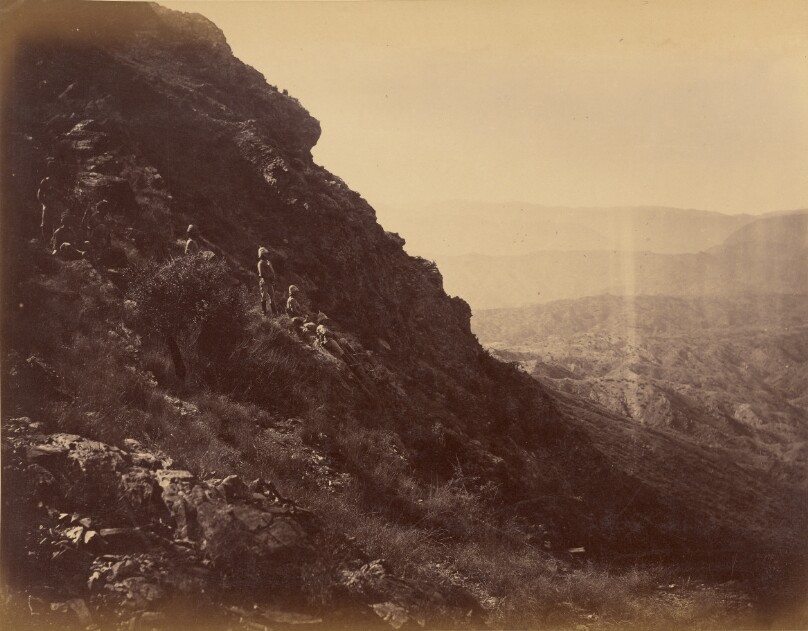Khyber side of Sarkai Hill, looking South. Officers of the (Q.O.) Guides reconnoitring