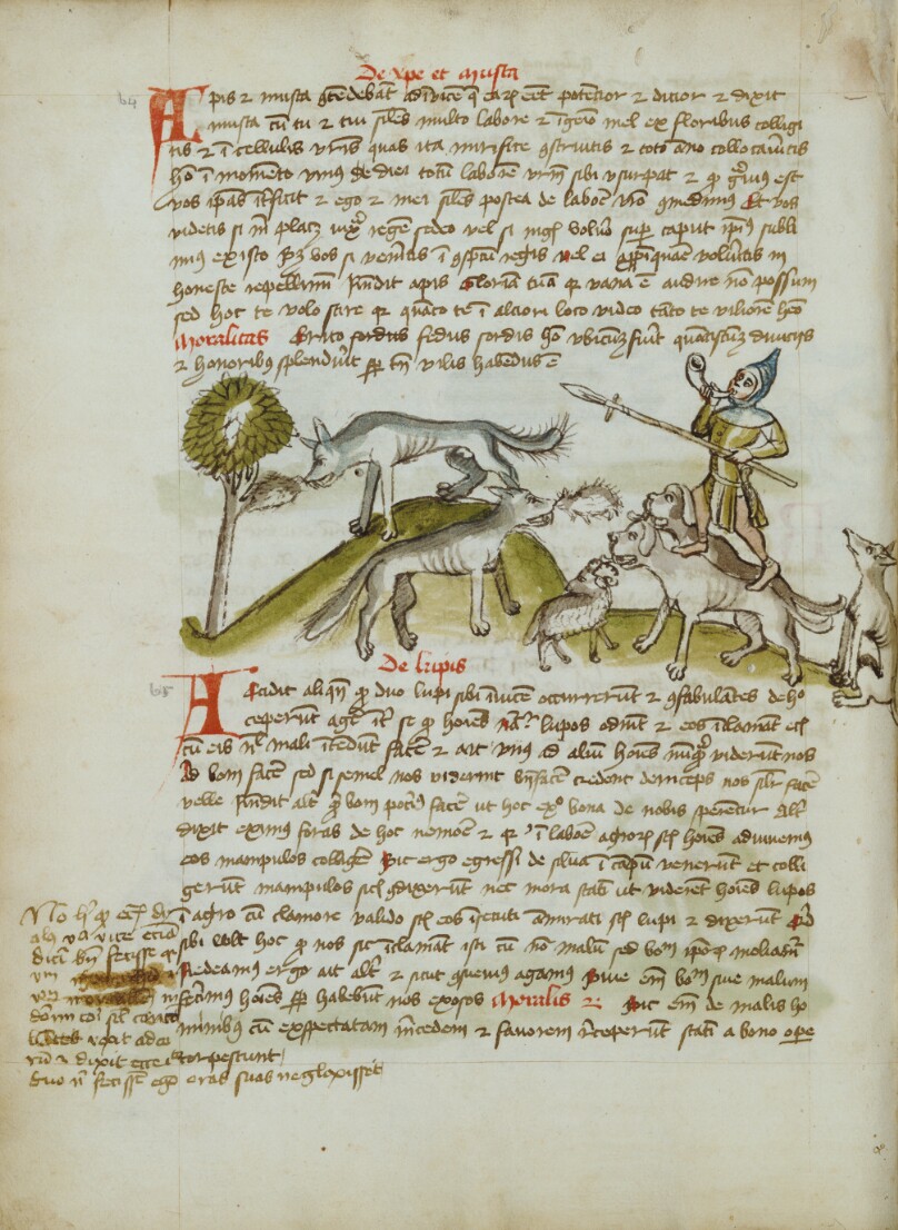 A Wolf Snatching a Hedgehog; A Hunter Blowing his Horn with his Dogs, a Wolf, a Hedgehog, and a Ram