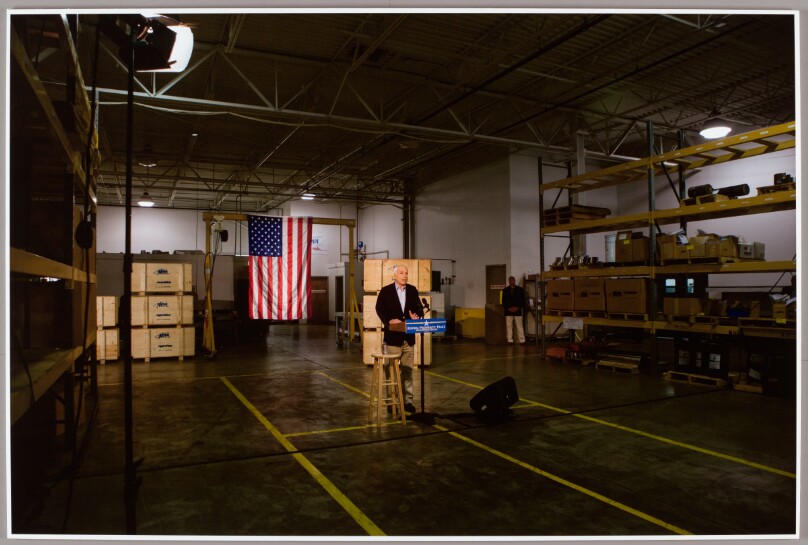 During his presidential campaign, the Republican candidate Senator John McCain, 72, makes a speech to TV cameras at the Nova Machine Products factory, Middleburg Heights, Ohio, 2008
