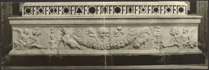 Plinth, showing frieze by Antonio and Bernardo Rossellino.