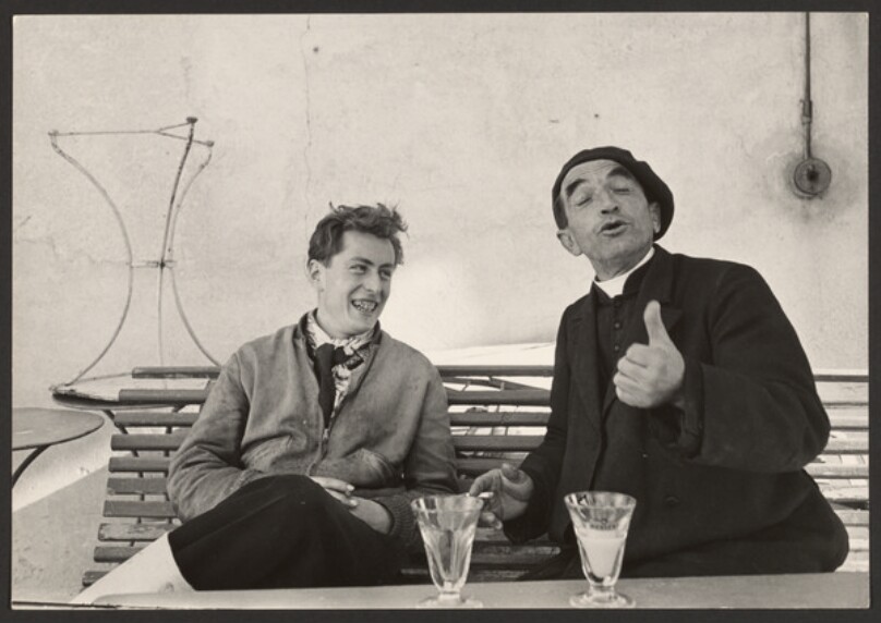 Two Men Seated on Bench, Conversing
