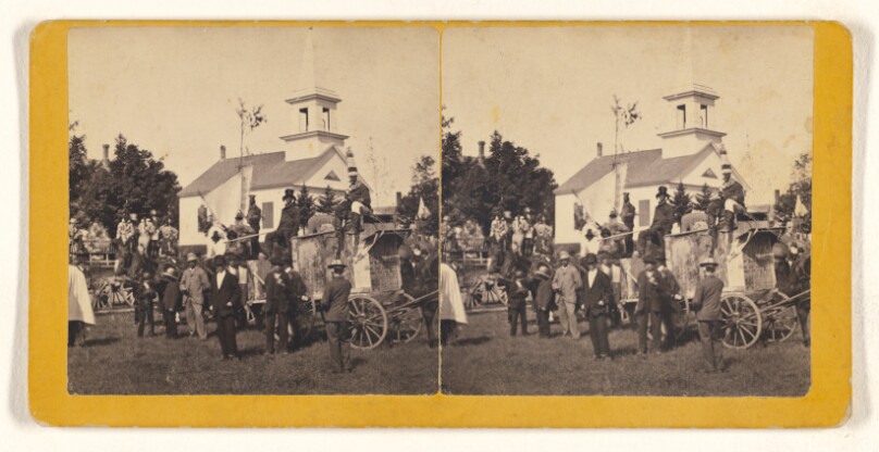 [Group of people at a celebration, horse-drawn wagon at center, probably at East Jaffrey, New Hampshire]