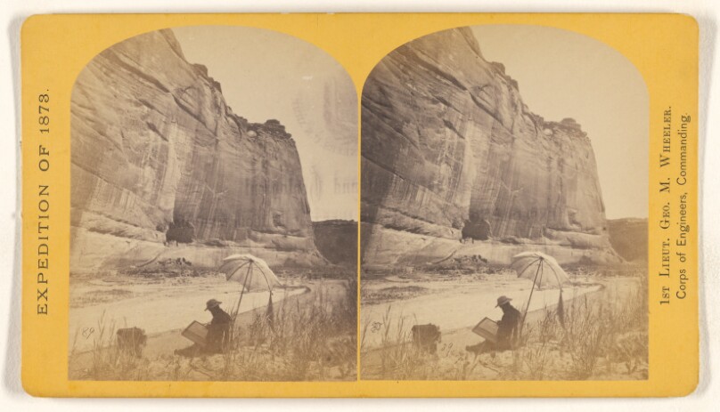 Distant view of Ancient Ruins in lower part of Canon de Chelle, N.M. Showing their position in the walls and elevation...